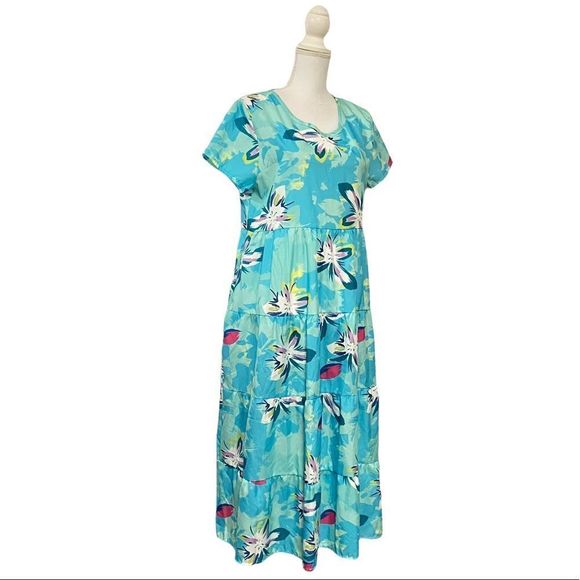 Large Summer Tiered Printed Aqua Blue Maxi Dress Light Weight - Picture 2 of 5